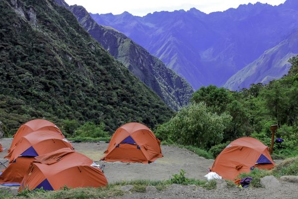 Tents set up for hikers on the Inca Trail.