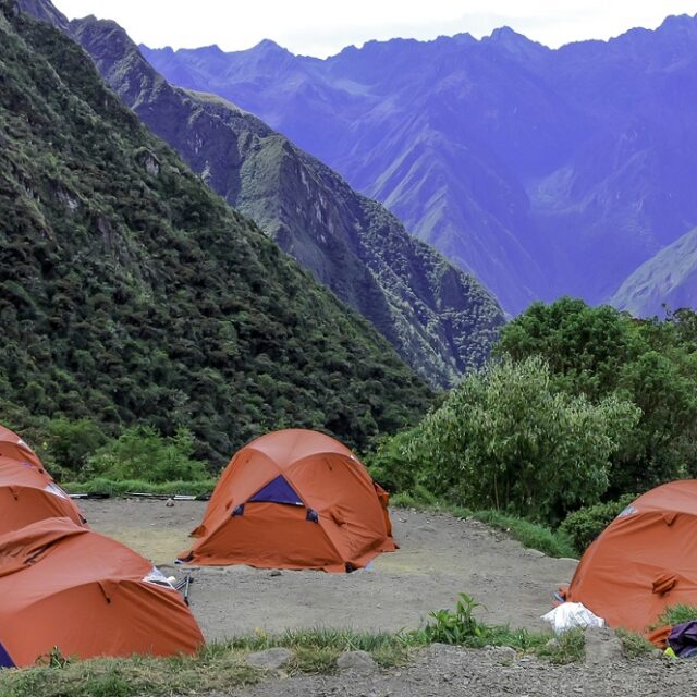 Tents set up for hikers on the Inca Trail.