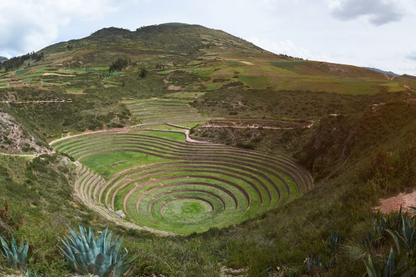 Panorama of moray sacred valley landscape in Peru