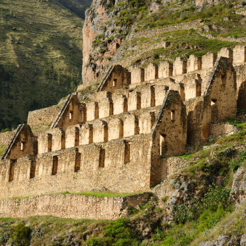 Peru, Ollantaytambo, Pinkulluna Inca ruins in the sacred valley in the Peruvian Andes.