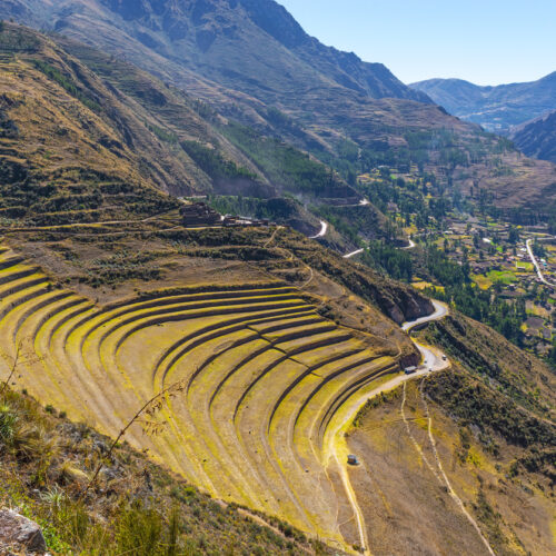 The gigantic archaeological site of Pisa with famed for its agriculture terraced field in the Sacred Valley of the Inca near Cusco, Peru.