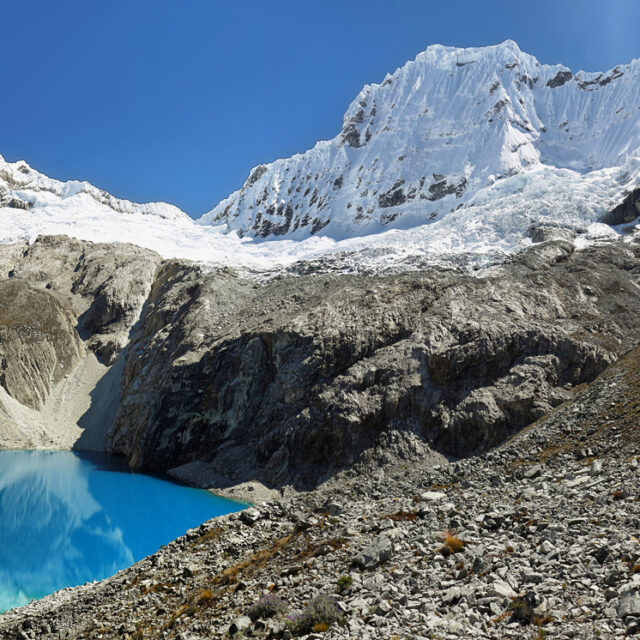 Laguna 69, with the great Nevado Chacraraju mountain in the background. Huascaran National Park - Huaraz - Peru