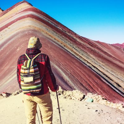 Hiking scene in Vinicunca, Cusco Region, Peru. Montana de Siete Colores,  Rainbow Mountain.