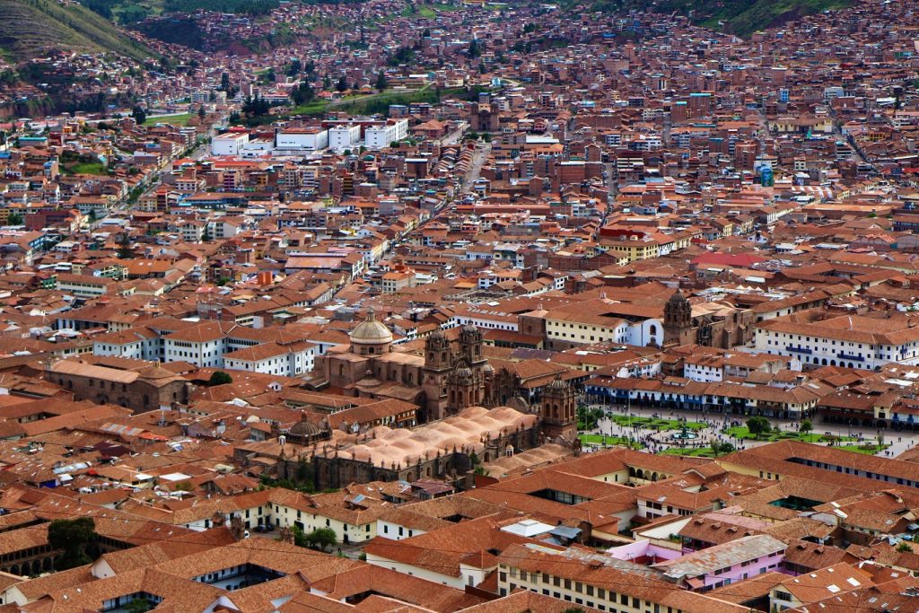 Aerial view of the terracotta rooftops of Cusco, Peru